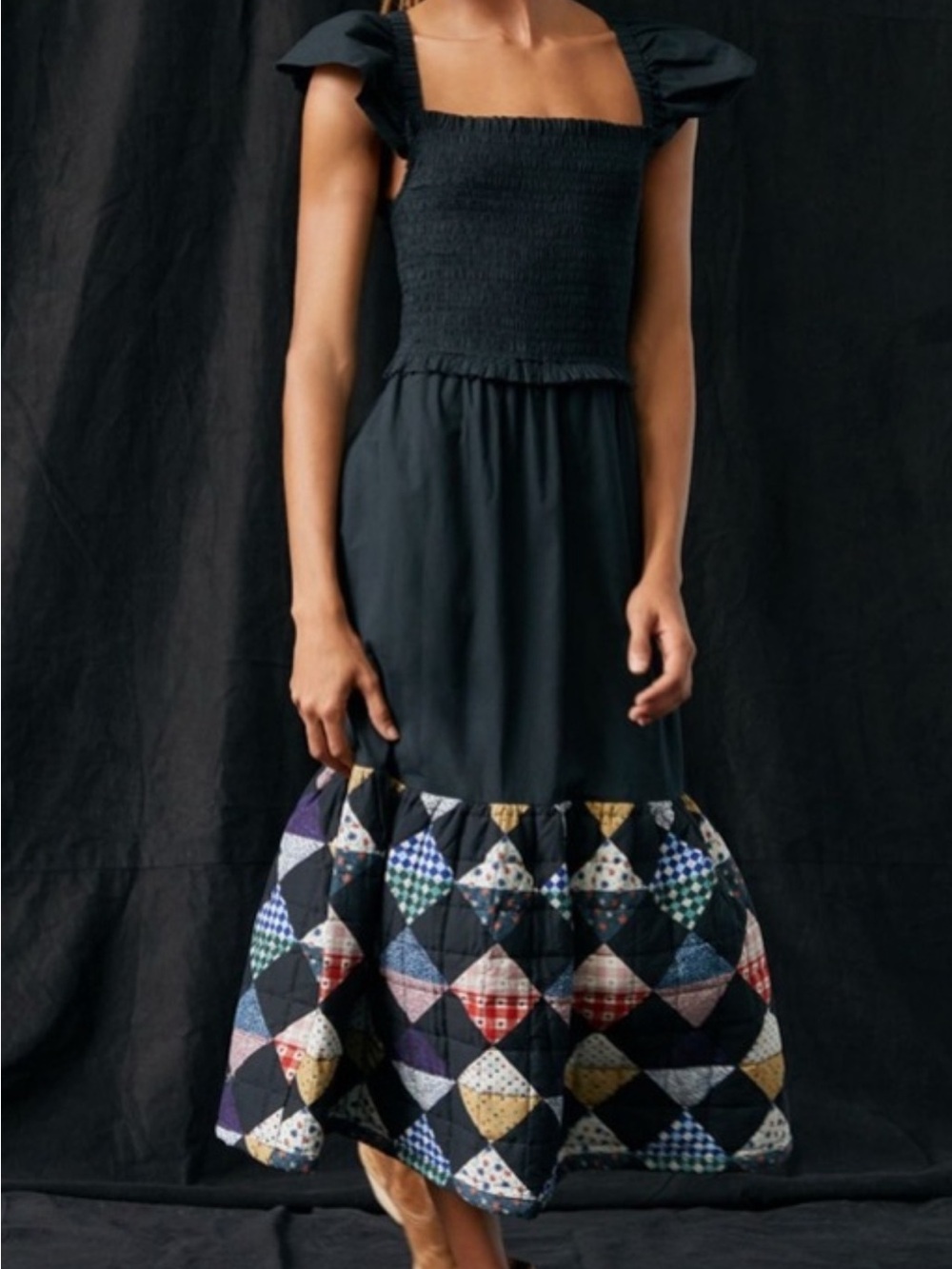 Quilted Patchwork Midi dress in Black with Multicolor Patch Panels